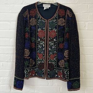 Papell Boutique Evening Black Beaded Silk Floral Jacket L/XL Vintage 90s